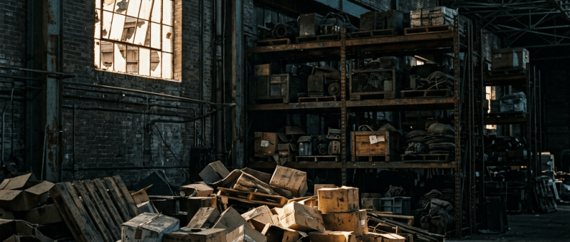 Abandoned warehouse interior with boxes, machinery, shelves, and sunlight