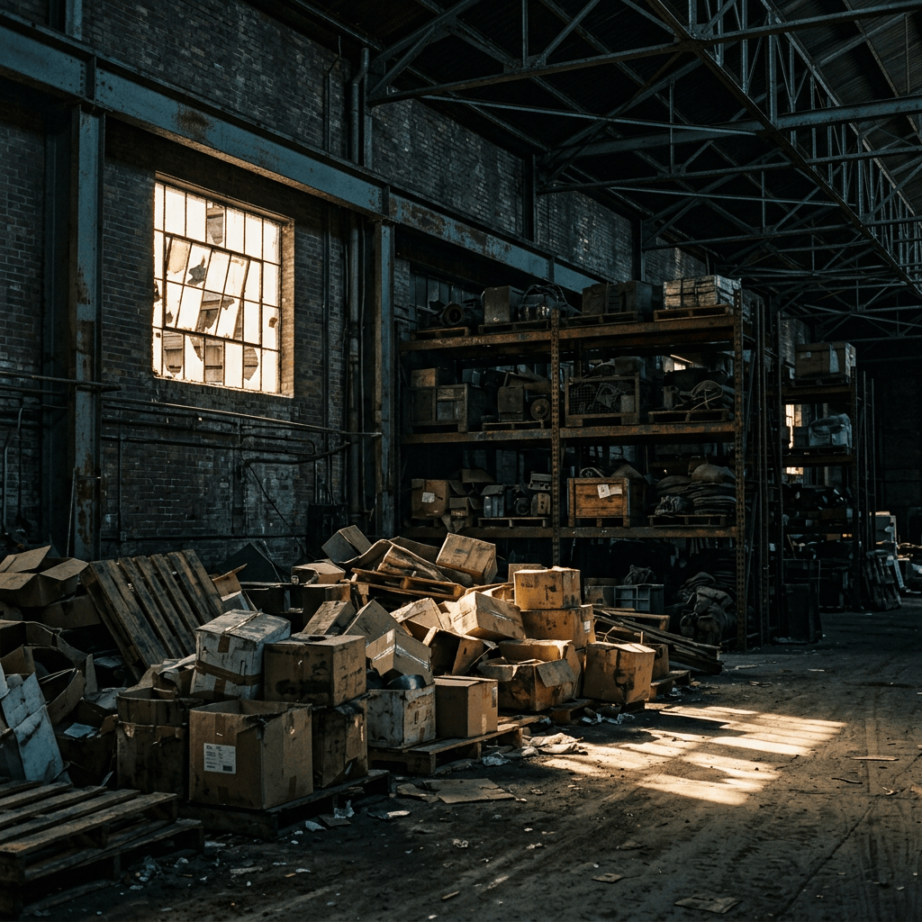 Abandoned warehouse interior with boxes, machinery, shelves, and sunlight