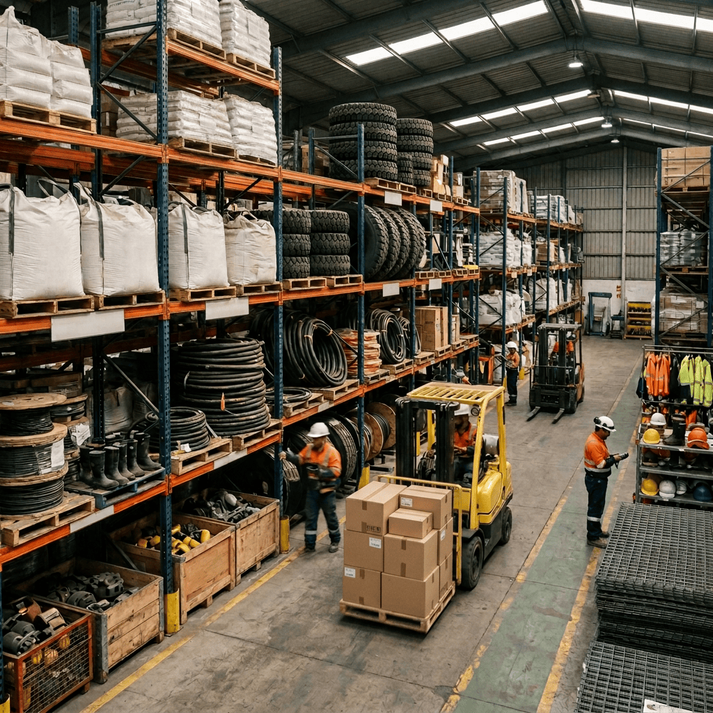 Workers and forklifts operating among industrial warehouse inventory